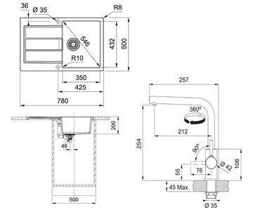 FRANKE SETT115Č tectonitový dřez S2D 611-78 černý, baterie FS 3230 chrom 143.0687.348 Technický nákres