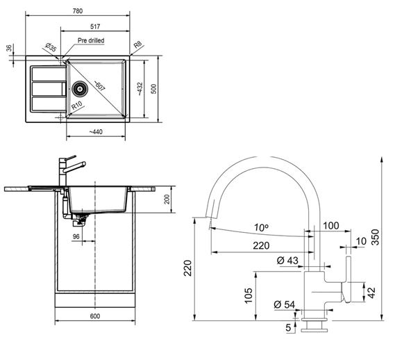 FRANKE SETT124Č tectonitový dřez S2D 611-78 XL černý, baterie FC 6018 matná černá 143.0687.357 Technický nákres
