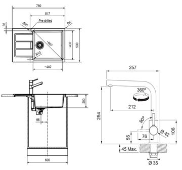 FRANKE SETT116Č tectonitový dřez S2D 611-78 XL černý, baterie FS 3230 chrom 143.0687.353 Technický nákres