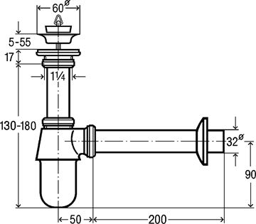 VIEGA 5755 designový sifon k umyvadlu DN32, s převlečnou maticí 5/4 a výpustí, chrom 366681 Technický nákres
