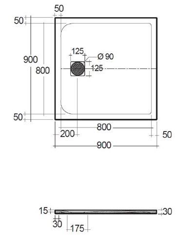 CONCEPT 200 sprchová vanička 90x90 cm, litý mramor, samonosná, mat light dove grey 09DW09O2-81 Technický nákres