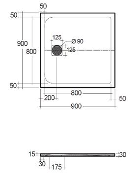 CONCEPT 200 sprchová vanička 90x90 cm, litý mramor, samonosná, mat light dove grey 09DW09O2-81 Technický nákres