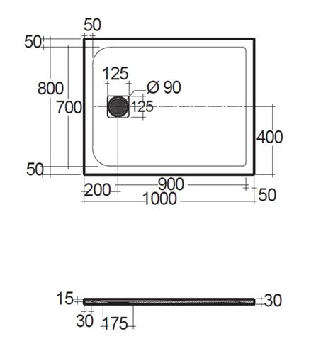 CONCEPT 200 sprchová vanička 80x100 cm, litý mramor, samonosná, mat light dove grey 08DW08O2-81 Technický nákres