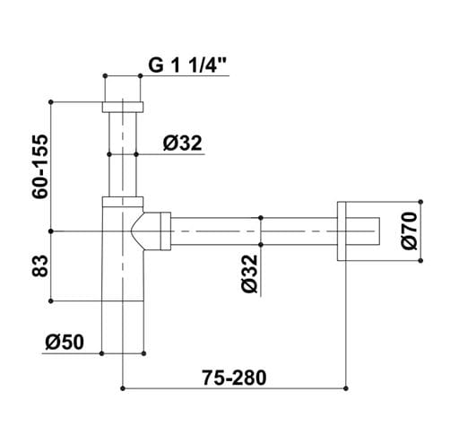 RAF designový sifon k umyvadlu DN32, s převlečnou maticí 5/4, chrom SV1413 Technický nákres