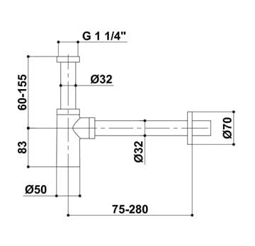 RAF designový sifon k umyvadlu DN32, s převlečnou maticí 5/4, chrom SV1413 Technický nákres