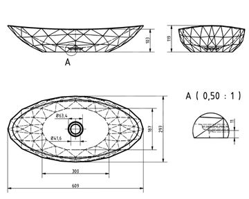 SVIS DESIGN DIAMOND BASIC umyvadlová mísa 60 cm, bez přepadu, beton, modrošedá UBX070006000003012 Technický nákres