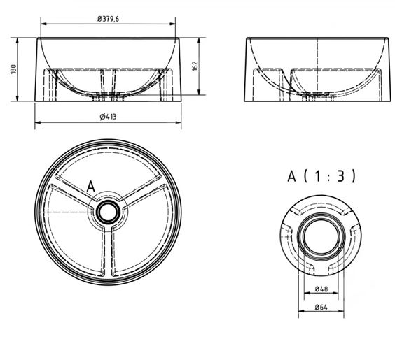 SVIS DESIGN COLUMBA BASIC umyvadlová mísa 40 cm, bez přepadu, beton, černá UBX090004000002031 Technický nákres