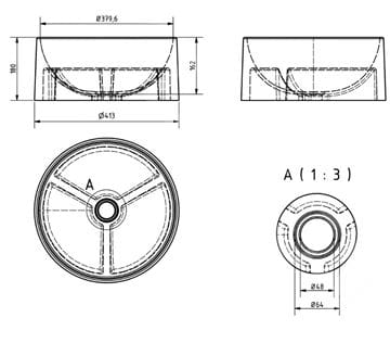 SVIS DESIGN COLUMBA BASIC umyvadlová mísa 40 cm, bez přepadu, beton, černá UBX090004000002031 Technický nákres