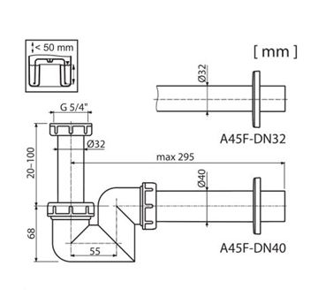 DŘEVOJAS nábytkový sifon k umyvadlu DN40, s převlečnou maticí 5/4 003012 Technický nákres