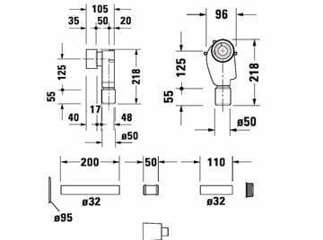 DURAVIT ARCHITEC podomítkový sifon k umyvadlu DN32, chrom 0050441000 Technický nákres