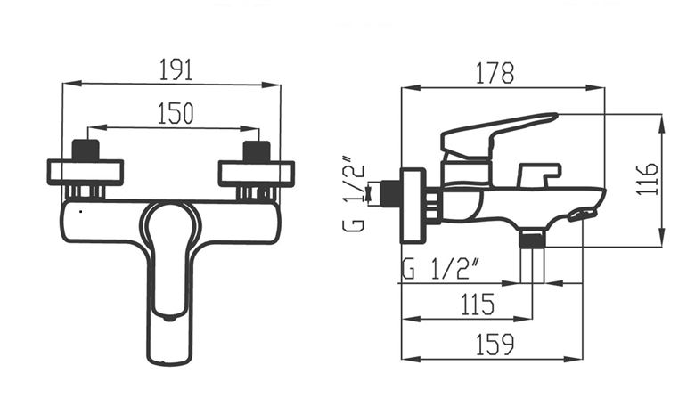NOVASERVIS METALIA 54 vanová nástěnná baterie, s přepínačem, chrom 54021/1,0 Technický nákres