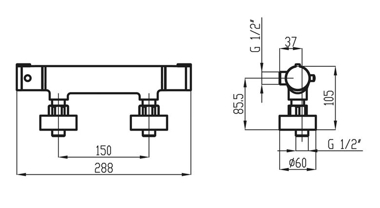 NOVASERVIS METALIA 57 sprchová nástěnná termostatická baterie, se sprchovou soupravou, Eco, chrom 54960,0 Technický nákres