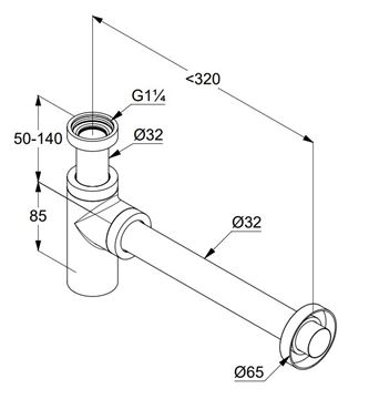 KLUDI designový sifon k umyvadlu DN32, s převlečnou maticí 5/4", chrom 1002005-00 Technický nákres
