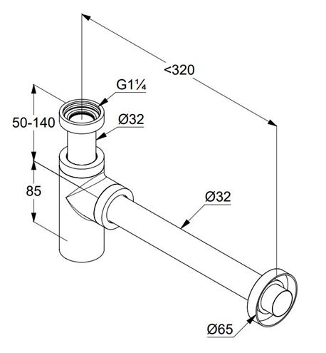 KLUDI designový sifon k umyvadlu DN32, s převlečnou maticí 5/4", chrom 1002005-00 Technický nákres