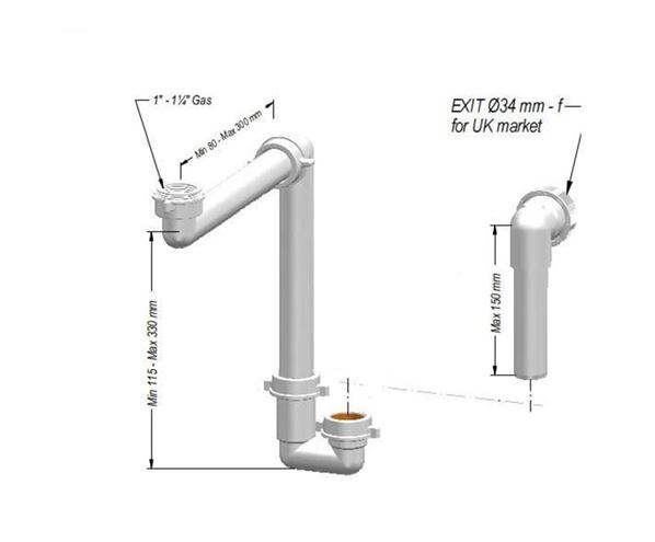IDEAL STANDARD nábytkový sifon k umyvadlu DN32, s převlečnou maticí 5/4 EE23033967 Technický nákres
