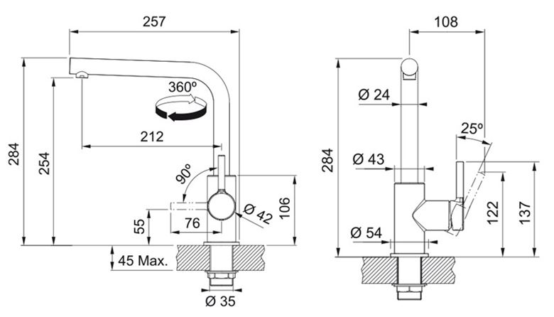 FRANKE FS 3230 LINA SMART dřezová baterie, chrom 115.0693.230 Technický nákres