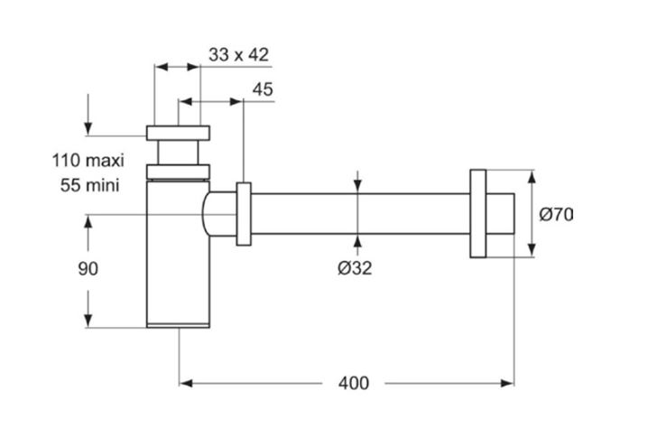 IDEAL STANDARD designový sifon k umyvadlu DN32, s převlečnou maticí 5/4, chrom D5859AA Technický nákres
