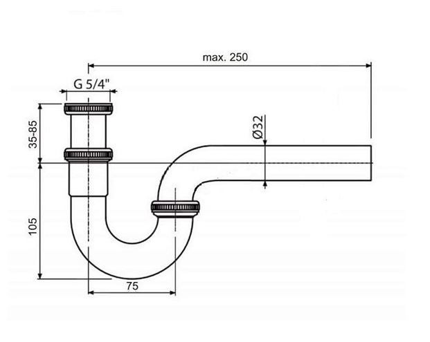 IDEAL STANDARD designový sifon k umyvadlu DN32, s převlečnou maticí 5/4, chrom A2305AA Technický nákres