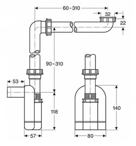 LAUFEN SPACE SAVING nábytkový sifon k umyvadlu DN32, s převlečnou maticí 5/4 H8942500000001 Technický nákres