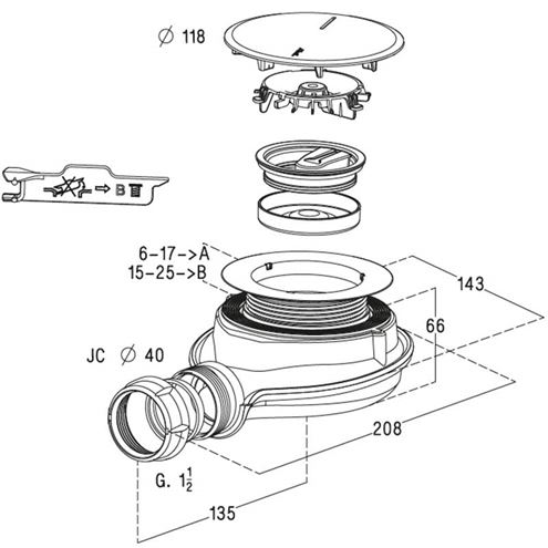 ALIAXIS TURBOFLOW XS nízký vaničkový sifon pr. 90 mm, chrom 0205800 Technický nákres