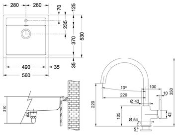 FRANKE SETT122Š tectonitový dřez SID 610 šedá, baterie FC 6018 šedý kámen 143.0687.391 Technický nákres