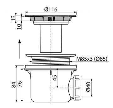 CONCEPT vaničkový sifon pr. 90 mm, chrom PT10049CR Technický nákres