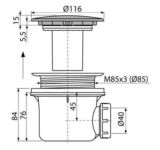 CONCEPT vaničkový sifon pr. 90 mm, chrom PT10049K Technický nákres
