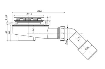 CONCEPT nízký vaničkový sifon pr. 90 mm, chrom PT100491CR Technický nákres