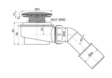 CONCEPT nízký vaničkový sifon pr. 60 mm, chrom PT100471CR60 Technický nákres