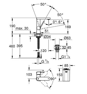 GROHE PLUS umyvadlová stojánková baterie, digitální, napájení z baterie, s odtokovou soupravou, Water Saving, chrom 23958003 Technický nákres