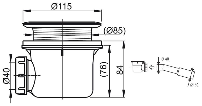 RAVAK BASIC vaničkový sifon pr. 90 mm, nerez X01308 Technický nákres