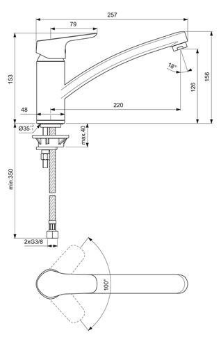 CONCEPT 100 dřezová baterie, chrom BC523AA Technický nákres