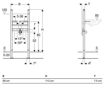 GEBERIT DUOFIX montážní rám pro umyvadlo a baterii 112 cm 111.471.00.1 Technický nákres