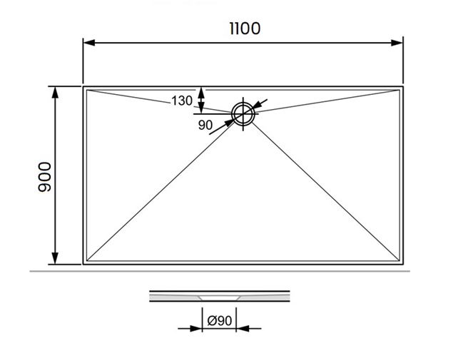 CONCEPT 300 sprchová vanička 110x90 cm, litý mramor, bez nožiček PT215023 Technický nákres