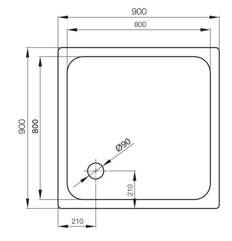 CONCEPT 200 sprchová vanička 90x90 cm, smaltovaná ocel, bez nožiček 04CV Technický nákres