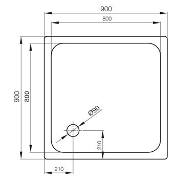 CONCEPT 200 sprchová vanička 90x90 cm, smaltovaná ocel, bez nožiček 04CV Technický nákres