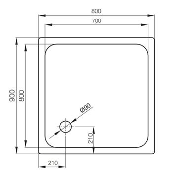 CONCEPT 200 sprchová vanička 90x80 cm, smaltovaná ocel, bez nožiček 03CV Technický nákres