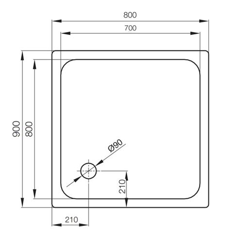 CONCEPT 200 sprchová vanička 90x80 cm, smaltovaná ocel, bez nožiček 03CV Technický nákres
