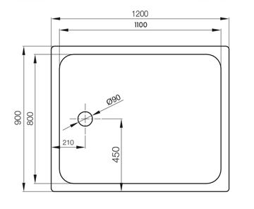 CONCEPT 200 sprchová vanička 120x90 cm, smaltovaná ocel, bez nožiček 09CV Technický nákres