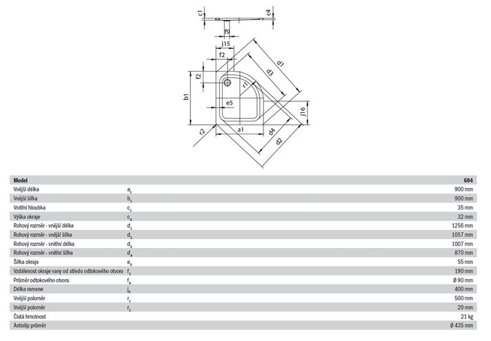 KALDEWEI ZIRKON 604-1 sprchová vanička 90x90 cm, R500, smaltovaná ocel, bez nosiče, Perl Effekt, Antislip 456930003001 Technický nákres