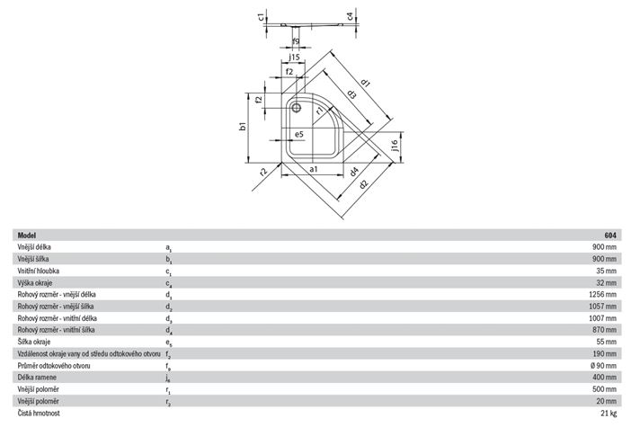 KALDEWEI ZIRKON 604-1 sprchová vanička 90x90 cm, R500, smaltovaná ocel, bez nosiče, Perl Effekt 456900013001 Technický nákres