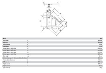 KALDEWEI ZIRKON 604-1 sprchová vanička 90x90 cm, R500, smaltovaná ocel, bez nosiče 456900010001 Technický nákres