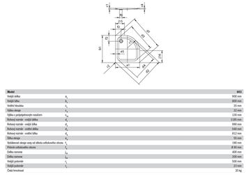 KALDEWEI ZIRKON 603-2 sprchová vanička 90x80 cm, R500, smaltovaná ocel, s nosičem 456848040001 Technický nákres