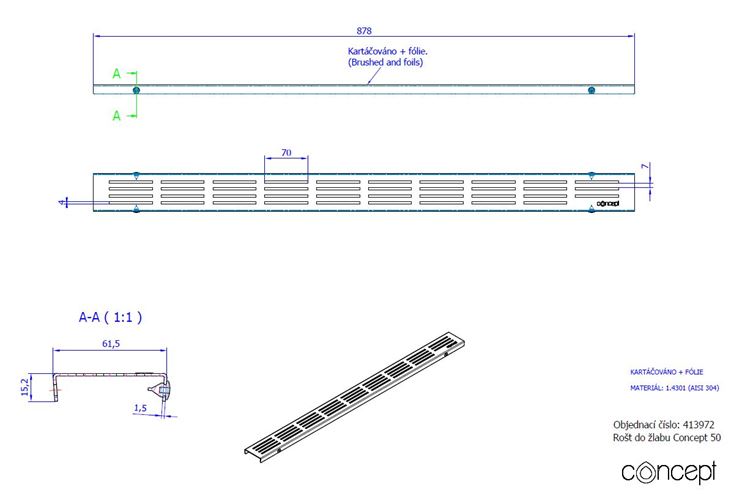 CONCEPT 50 perforovaný rošt STRIPE 878 mm, kartáčovaná nerez ocel 413972 Technický nákres