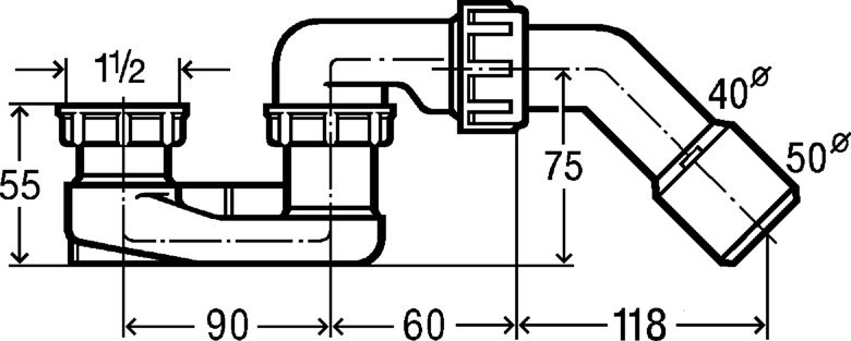VIEGA 6887.45 vaničkový sifon pr. 52 mm, bez krytky 106263 Technický nákres