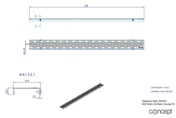 CONCEPT 50 perforovaný rošt WATER 778 mm, kartáčovaná nerez ocel 449276 Obrázek - fotka
