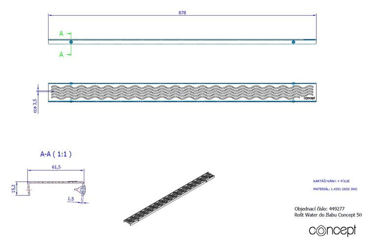CONCEPT 50 perforovaný rošt WATER 878 mm, kartáčovaná nerez ocel 449277 Technický nákres