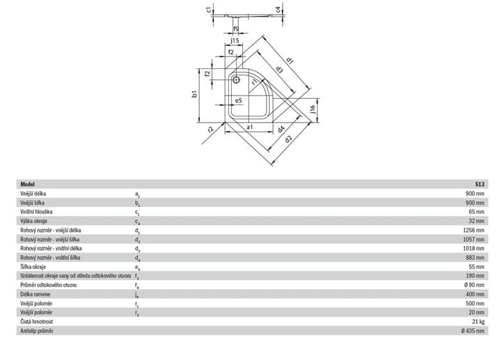 KALDEWEI ZIRKON 513-1 sprchová vanička 90x90 cm, R500, smaltovaná ocel, bez nosiče, Perl Effekt, Antislip 452230003001 Technický nákres