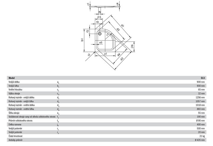 KALDEWEI ZIRKON 513-1 sprchová vanička 90x90 cm, R500, smaltovaná ocel, bez nosiče, Antislip 452230000001 Technický nákres
