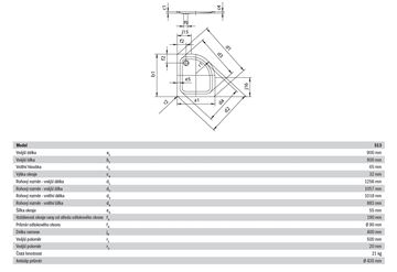 KALDEWEI ZIRKON 513-1 sprchová vanička 90x90 cm, R500, smaltovaná ocel, bez nosiče, Antislip 452230000001 Technický nákres